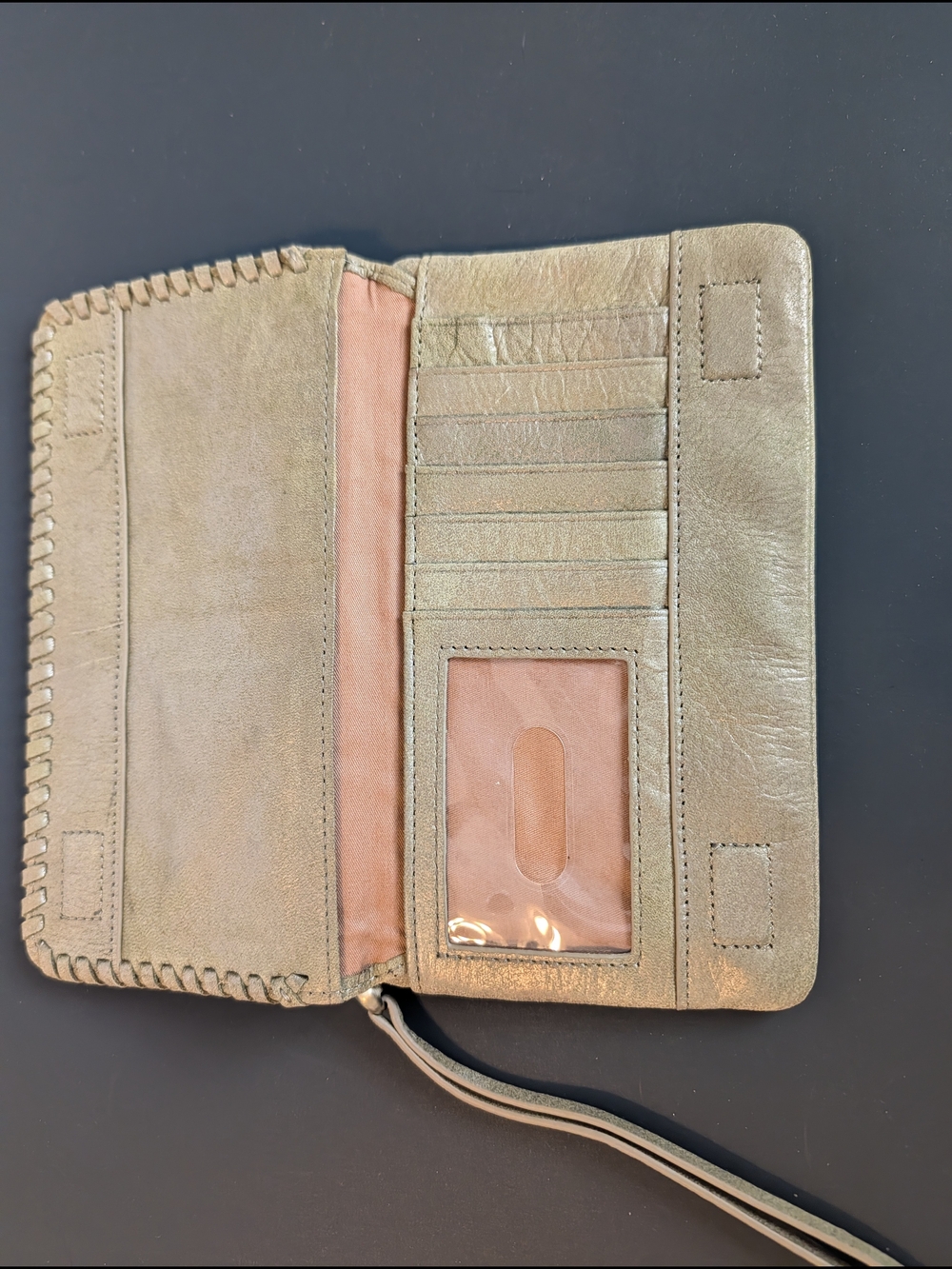 HOBO Metallic Gold Leather Wristlet Wallet with Blush Interior